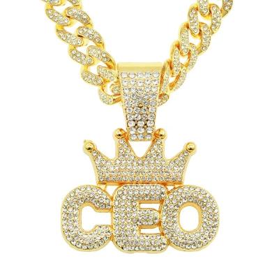 China Hiphop Iced Out President Letter Pendant Hiphop Diamond Crown Pendant Men Cuban Link Chain Necklace for sale