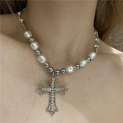 China Vintage Women Beaded Pearl Necklace Vintage Crystal Diamond Cross Necklace For Women punk for sale