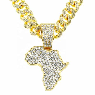 China Full Diamond Shiny Bling Bling African Rich Jewelry Iced Out Hiphop Cuban Link Chain Necklace Hiphop Map Necklace for sale