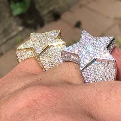 China Hot Selling Hiphop Ring Crystal Rhinestone CZ Diamond Rings Shiny Luxury Five Insert Hiphop Micro Star Rings for sale