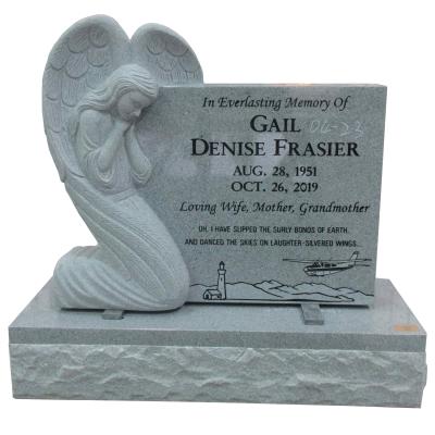 China Modern Light Gray Carved Granite Monuments Kneeling Sawn Angel With Wings Fully Carved Headstone for sale