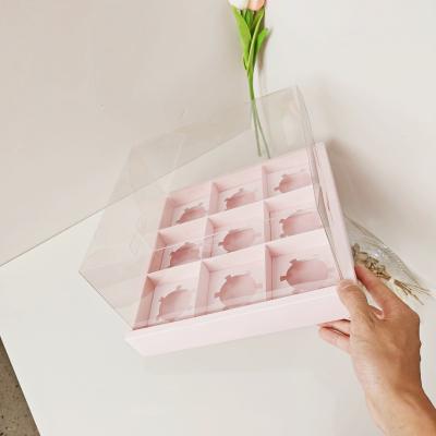 China 9 Holes Cake Baking Box PET Recyclable Clear Paper Cardboard Lid Recyclable Cake Bento Base Pink Color Cupcake Box for sale