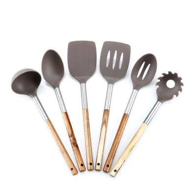 China Sustainable Kitchen Utensil Set Of 5 Piece Silicone Cookware Sets With Wooden Handle Cookware Sets for sale