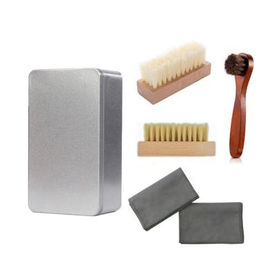 China Viable wooden shoe brush and cloth polishing set, small beech wood shoe polishing brush with iron box for sale