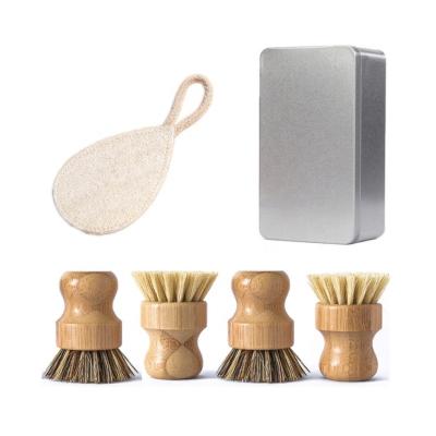 China Dish Viable Bamboo Scratch Brush with Iron Box, Kitchen Cleaning Brush Sisal Coir Bamboo Loofah Pot Scratch Brush for sale