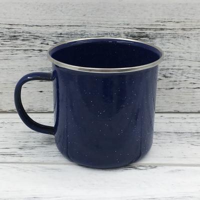 China Blue Enamel Sustainable Mug With White Dots, Enamel And Stainless Steel Rim Coffee Camping Metal Cup for sale