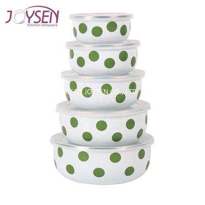 China Fashionable 5pcs Enamel Round Bottom Storage Bowl With Plastic Cover for sale