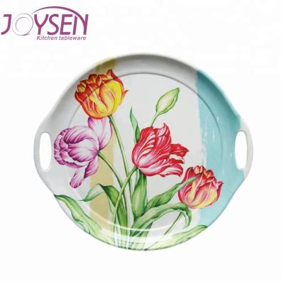 China Eco - Friendly Custom Printed Round Melamine Cheap Plastic Serving Tray With Handles for sale