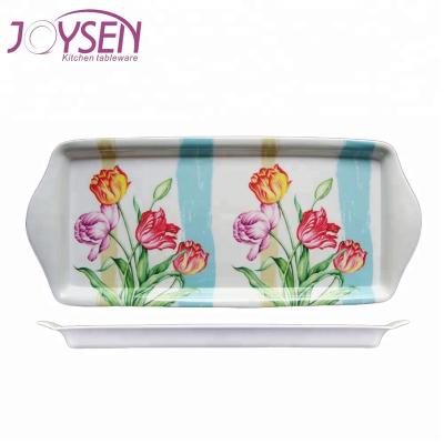 China Melamine Food Grade Custom Printed Rectangle Melamine Serving Tray With Handles for sale