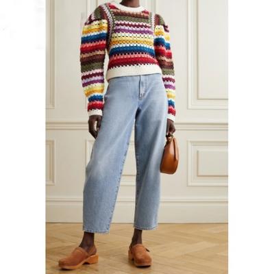 China Anti-wrinkle Factory Bohemian Handmade Hollow Knit Sweater Women Fall Color Striped Crochet Wool Sweater for sale