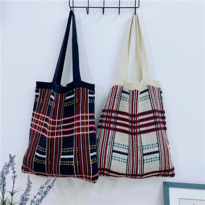 China Custom polyester factory ins plaid pattern jacquard knitted yarn cute fresh women soft shopping knitted bag for sale