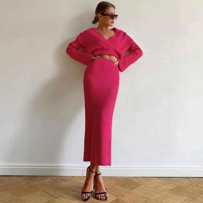 China QUICK DRY sheer custom made two-piece sleeve sweater dress color factory short tight top knitted dress suit long set for sale