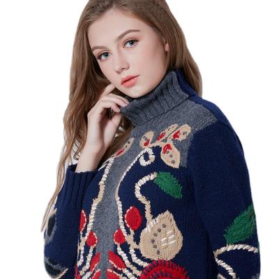 China Factory Custom Fashionable High Quality Heavy Woolen Knitted Sweaters Embroidery Anti Shrink Winter Turtle Neck Sweater Women for sale