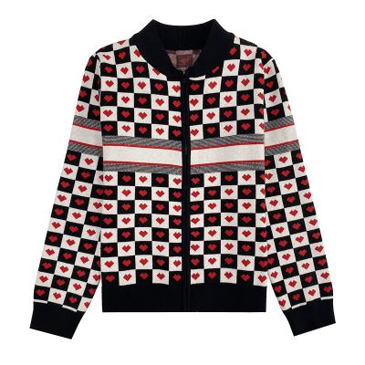 China Anti-pilling Factory logo jacquard winter plaid heart knitted sweater cardigan women custom made for sale