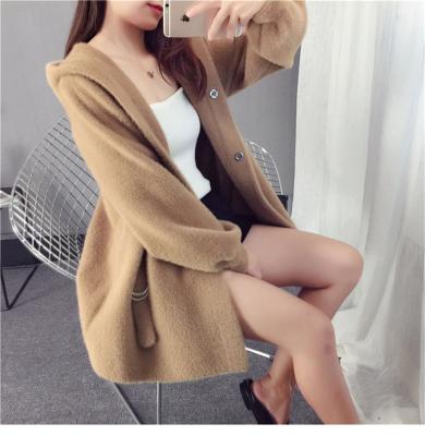 China 2020 Factory Women Sweater Solid Color Fur Coat Anti-wrinkle Winter Velvet Belt Mid Length Hooded Knit Sweater Cardigan for sale