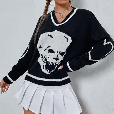 China Custom Skull Jacquard Autumn Amazon Women Sweater Women's College Style College Anti-pilling Knitting Sweater Girls for sale