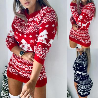 China Factory Custom Christmas Snowflake ReindeerJacquard Anti Shrink Knitted Skirt Mid Length Long Sleeve Pullover Knit Sweater Women for sale