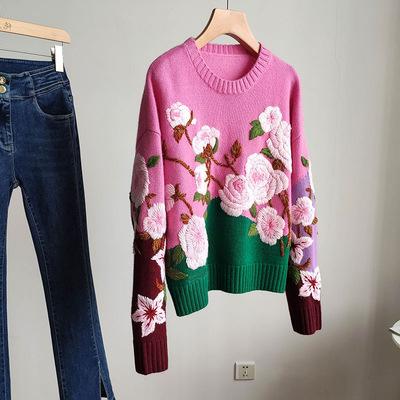 China Factory Custom Heavy Duty Embroidery Flowers Autumn Cotton Knitted Sweaters Womens for sale