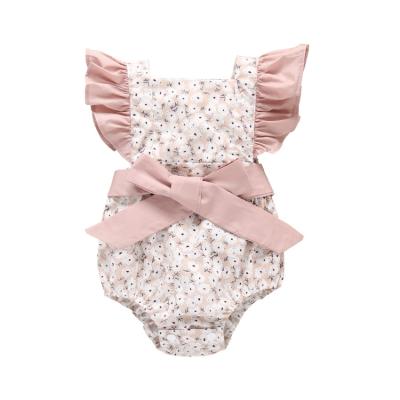 China Comfotable Pretty Baby Clothes Set Floral Bow Ruffle Summer Outfits Flying Sleeve Baby Romper For Toddler for sale