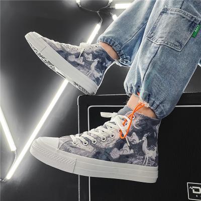 China 2021 MEN'S white casual canvas shoes paints custom pattern high top men's latest model vulcanized sneakers shoes on sale for sale