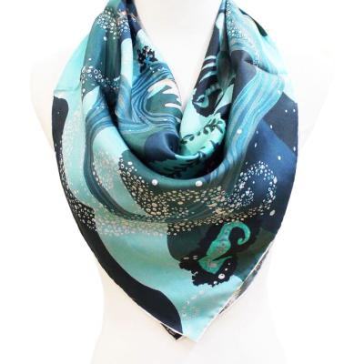 China Square Blue Color Printed Silk Scarf for sale