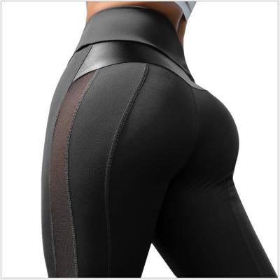 China PU Patchwork Leather Yoga Pants Mesh And High Waist Fitness Workout Breathable Legging Women's Leather Stitching Pants For Women for sale