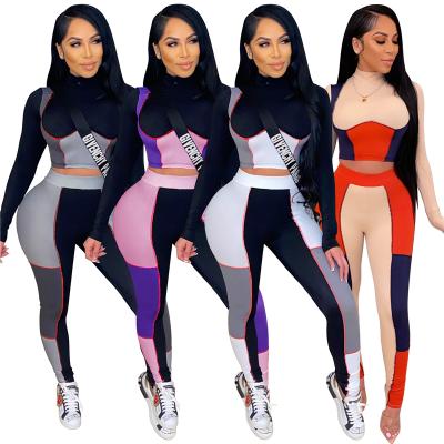 China Breathable Patchwork Two Piece Pants Set Women Casual Wear Sleeve Crop Top Long 2 Piece Set Women's Joggers for sale