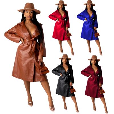 China Autumn And Winter Sale Women Anti-wrinkle Warm Solid Color PU Lapel Leather Anorak Plus Size Coats for sale