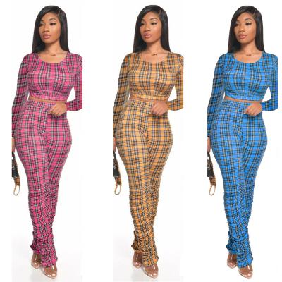 China Anti-pilling Autumn Fashion Women Plaid Two 2020 Pieces Set Outfits Stacked Pants 2 Pieces Set Women Clothing for sale