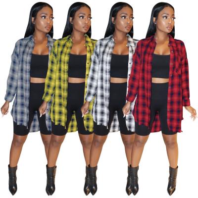 China Anti-pilling 2021 new arrivals spring Autumn New Women's tassels casual medium length plaid shirt oversized blouse for sale