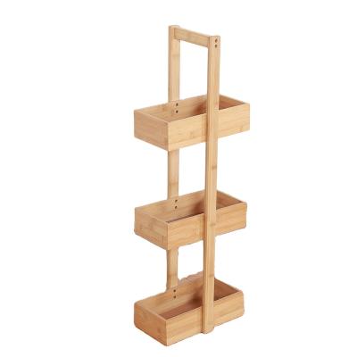 China Sustainable Natural Bamboo 3 Drawer Bathroom Wooden Storage Shelves Shower Caddy With Handle For Shampoo for sale