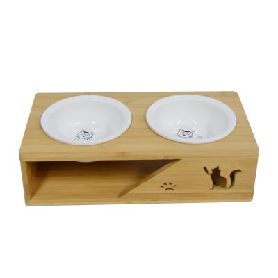 China Sustainable Top Selling Food Dispenser Bamboo Dog Bowl Pet Feeder for sale