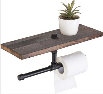 China Rustic Industrial Style Wood Pipe Wall Mounted Toilet Paper Holder With Shelf for sale