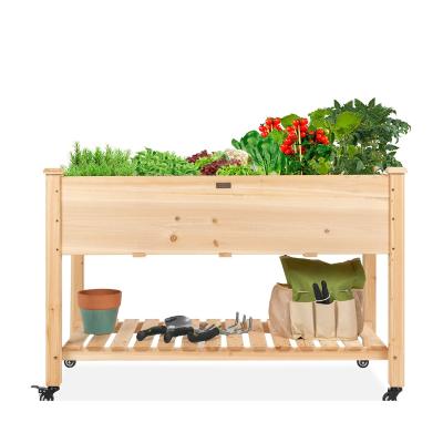 China Modern Natural Mobile Elevated Wooden Storage Shelf For Planter With Wheels for sale