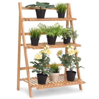 China 3-Tier Modern Foldable Bamboo Wooden Plant Rack Flower Pot Holder Shelf Plant Display Organizer for sale