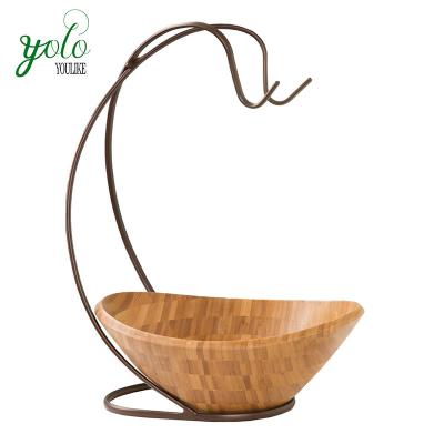 China Sustainable Hot Sale Kitchenware Ellipse Fruit Bowls /Bamboo Fruit Basket With Metal Hanging for sale