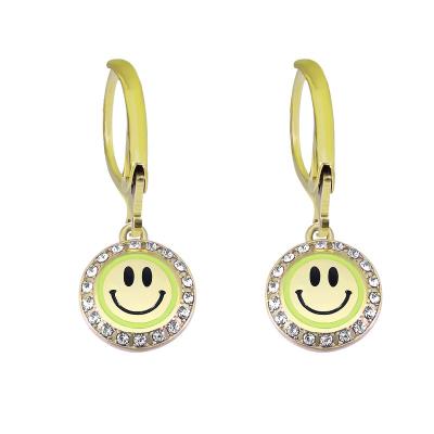 China Fashionable Pink Cute Enamel Smile Face Circle Drop Earrings Happy Smile Face Stainless Steel Earrings Jewelry for sale