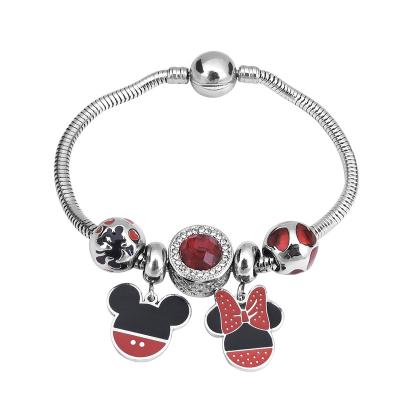 China Cute Women Kids Diy Mickey Beads Charm Bracelets For CLASSIC 2022 Fashion Antique Enamel Cartoon Bangle Silver Red Jewelry Gifts for sale