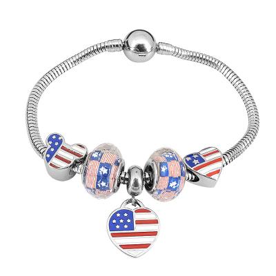 China Genuine CLASSIC Mickey Heart American Flag CZ Bead Navy Blue Stainless Steel Bracelet For Women USA Lover Jewelry 2022 for sale