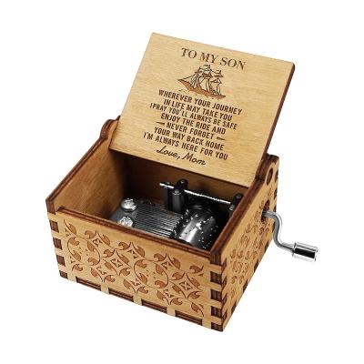 China Handmade Music Box Crank Engraved Antique Wooden Music Box Vintage Personalizable Gift For Son for sale