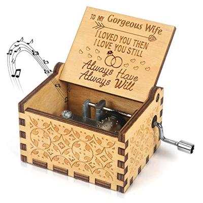 China Wood Customized Creative Engraved Wooden Music Box Mechanism Crank Musical Box Gifts To My Gorgeous Wife MB006 for sale