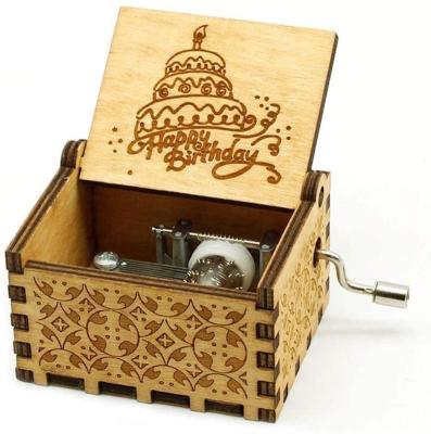 China Wood Customized Engraved Wooden Musical Box Creative Gifts Hand Crank Music Box Happy Birthday MB014 for sale