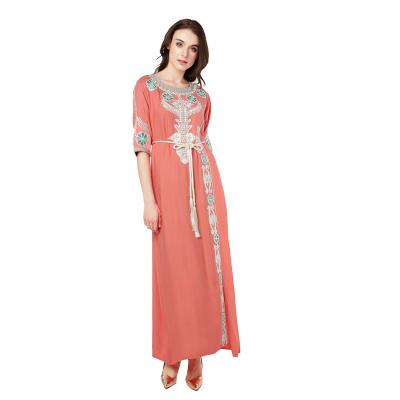 China Muslim Long Sleeve Worship Dress Middle East Muslim Hot Tour Neck Long Sleeve Embroidered Lace Up Dress Women Muslim Clothing for sale