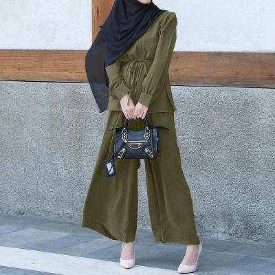 China Simple Loose Long Sleeve Dress Women Muslim Pantsuit Fashion Lace Up Bow Tops Wide Leg Pants Sets Islamic Muslim Clothing for sale