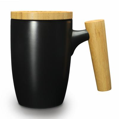 China Sustainable DHPO Wholesale 16oz Large Capacity High Quality Matte Black Ceramic Tea Cug with Bamboo Handle Luxury  Porcelain Coffee Mugs for sale