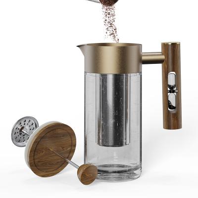 China WITH LID DHPO 1000ml Large Capacity Luxury Portable Eco-friendly Stainless Steel  Filter and Wooden handle Glass Coffee French Press Pot for sale