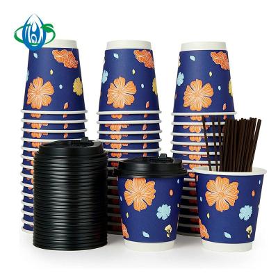 China Double Wall Paper Biodegradable Disposable Coffee Cup With Lids Disposable Kraft Paper Bamboo White Paper Cup For Hot Drink Custom Printed Logo for sale