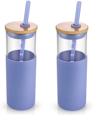 China Coffee Viable Double Glass Tea Cup, Glass Tumbler With Straw Straw Silicone Protective Sleeve Bamboo for sale