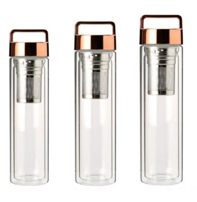 China Sustainable High Borosilicate Glass Travel Colored Double Wall Glass Tea Tumbler With Infuser for sale