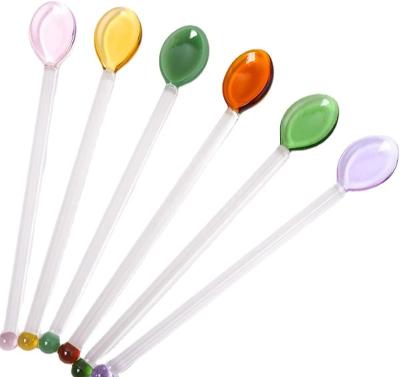 China Viable Creative Borosilicate Colored Glass Spoon Straw Glass Coffee Stirring Long Stick Handle Spoon for sale